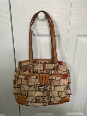 Etienne Aigner Tan Patterned Logo Shoulder Bag with Leather Trim